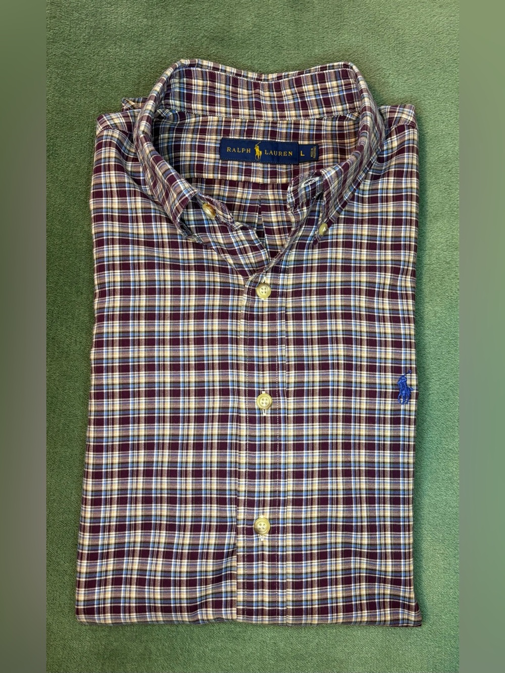 Ralph Lauren Burgundy and Navy Plaid Button-Down Shirt, Size: L. (6390)